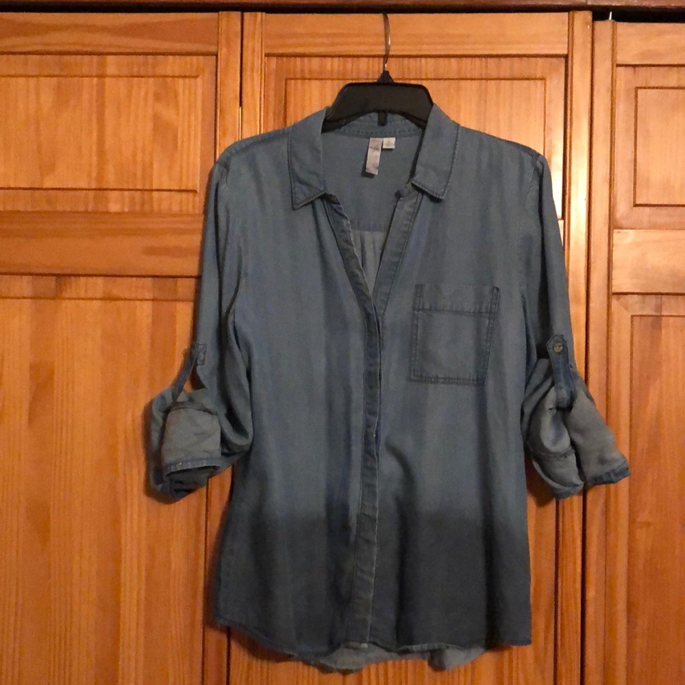 Denim button down shirt.